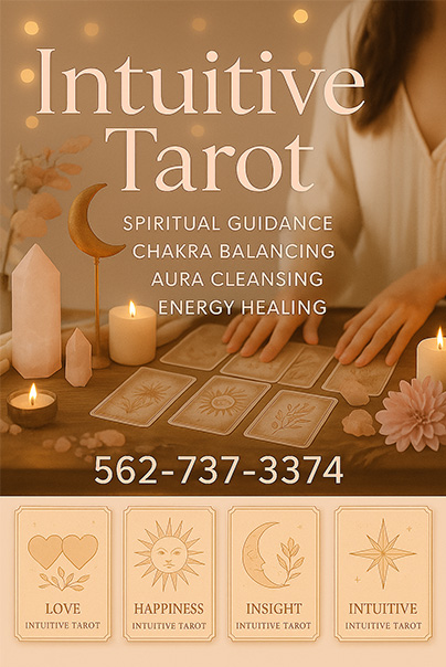A serene tarot reading setup featuring candles, crystals, and tarot cards with text highlighting intuitive services and contact information.
