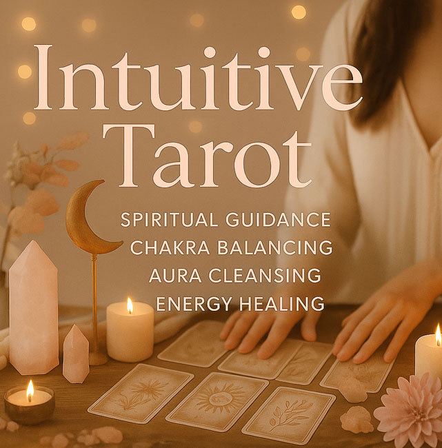 A serene tarot reading setup featuring candles, crystals, and tarot cards with text highlighting intuitive services and contact information.